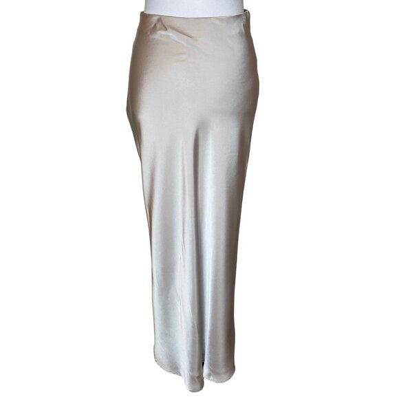 Zara Champagne Beige Ruched Satin-Effect Midi Skirt High Slit Bias Cut Sz Small - Picture 6 of 11